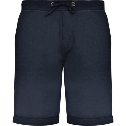 Navy blue sports shorts with a drawstring waist and rolled hem. Features a logo on the side.