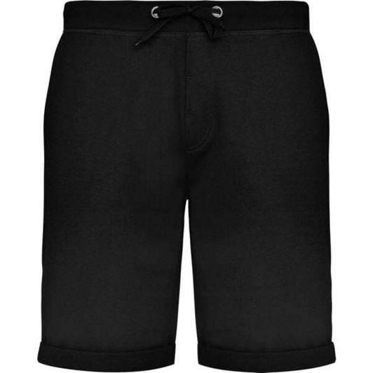Black sports shorts featuring a drawstring waist and rolled-up cuffs, designed for comfort and versatility.