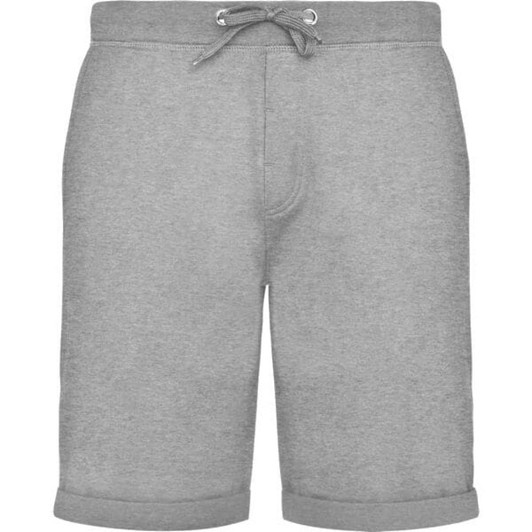 Light grey sports shorts with a drawstring waist and rolled cuffs, featuring a small logo.