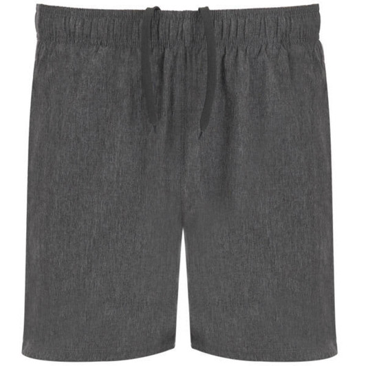 A pair of grey sports shorts featuring an elastic waistband and drawstring. The fabric has a textured appearance.