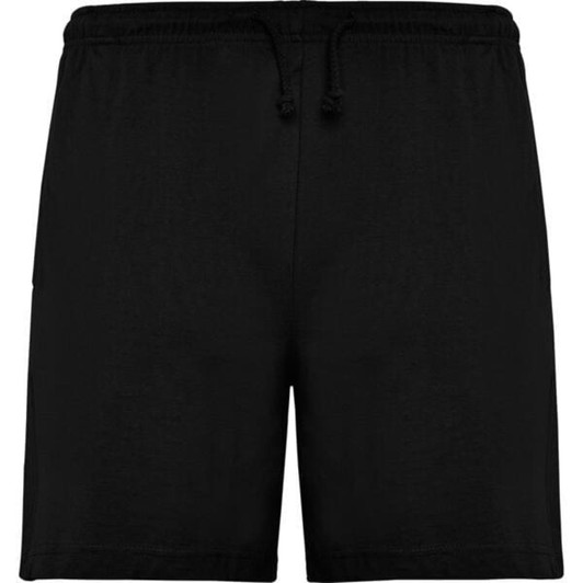 Black sports shorts featuring an elastic waistband with a drawstring. Includes a logo on the side.