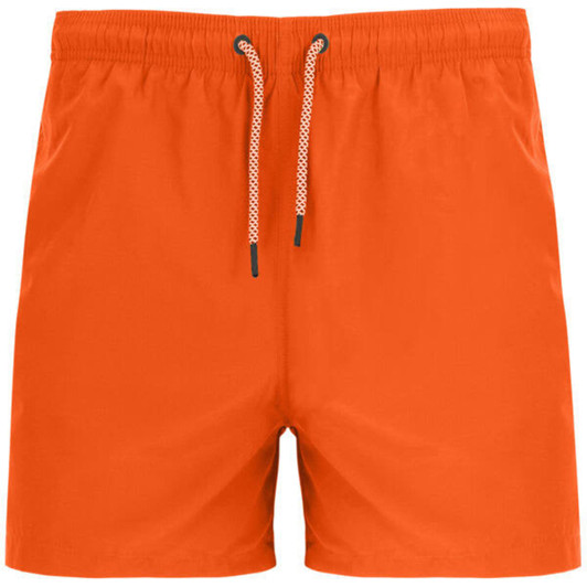 Orange swimming shorts with a drawstring waist and a simple design. Features a branded logo.
