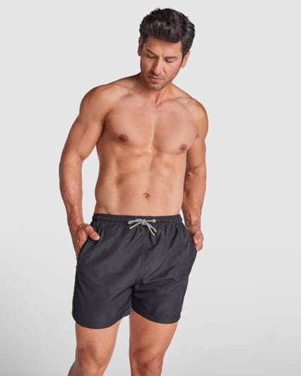 Black swimming shorts with an elastic waistband and drawstring, featuring a branding logo.