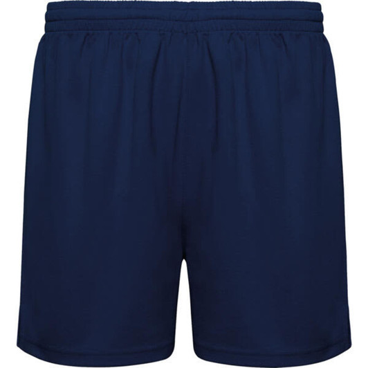 Navy blue sports shorts with an elastic waistband and a simple design, featuring a logo.