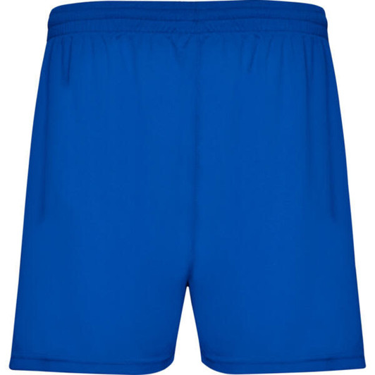 Blue sports shorts with an elastic waistband and side pockets, featuring a logo on the waistband.