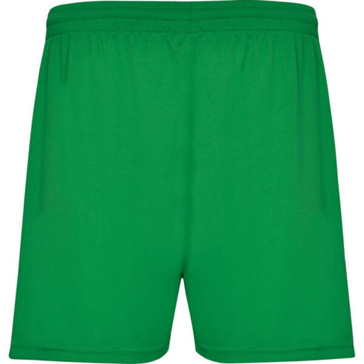 Green sports shorts with an elastic waistband, featuring a logo on the side. Perfect for active wear.