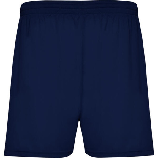 Navy blue sports shorts with an elastic waistband and a simple design, featuring a logo branding.