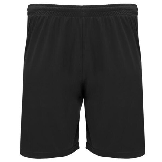 Black sports shorts with an elastic waistband, featuring a logo. Simple design suitable for athletic activities.