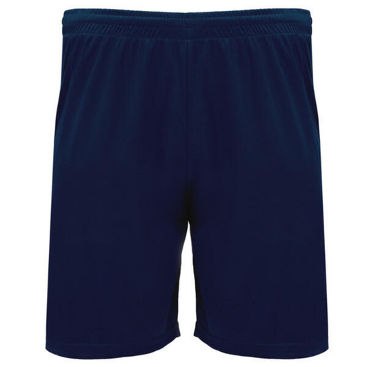 Navy blue sports shorts with an elastic waistband and a logo. Suitable for athletic activities.