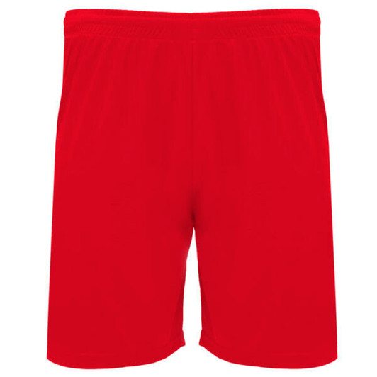 Red sports shorts with an elastic waistband, featuring a simple design and a logo.