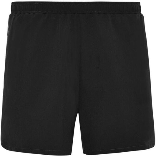 Black sports shorts with an elastic waistband and a small logo on one side. Suitable for athletic activities.