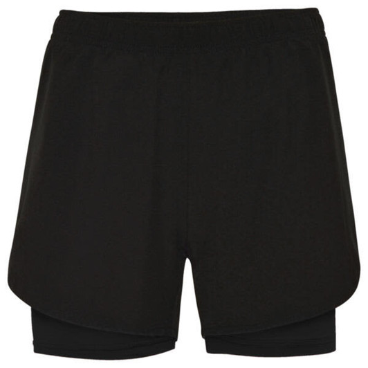 Black sports shorts featuring a layered design and an inner lining. The shorts also have a logo.