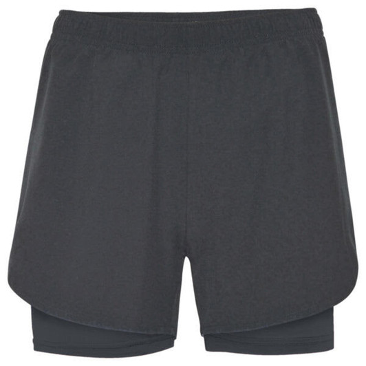 Black running shorts featuring a layered design and an inner lining, complemented by a logo.