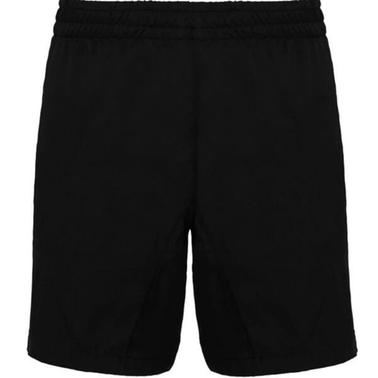 A pair of black sports shorts with an elastic waistband and side slits, featuring a logo.