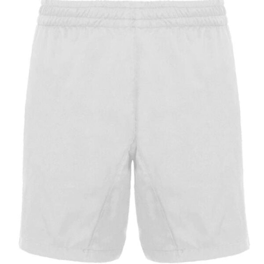 A pair of grey sports shorts featuring an elastic waistband and a logo.