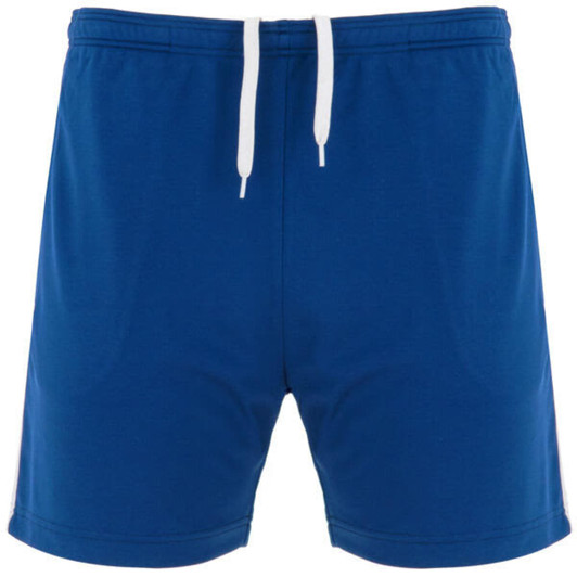 Blue sports shorts featuring a drawstring waistband and a logo on the side.