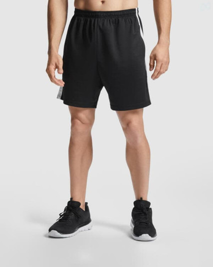 Black sports shorts with an elastic waistband, designed for active wear. Features branding on the side.