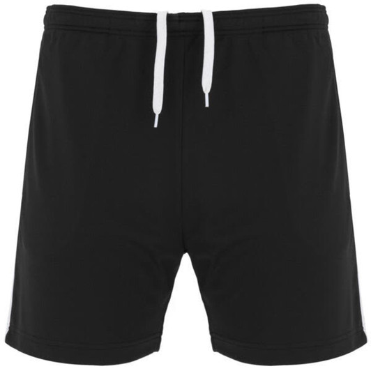 Black sports shorts featuring a drawstring and a logo on the side.