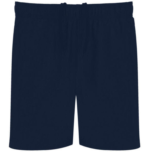 Navy blue sports shorts with an elastic waistband and a simple design. Includes a logo.