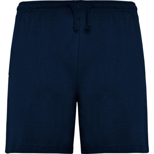 Navy shorts with an elastic waistband and drawstring, featuring side pockets and a logo.