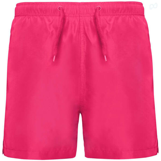 A pair of pink swim shorts with an elastic waistband and drawstring, featuring a logo.