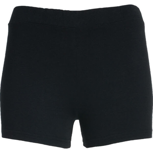 Black sports shorts with a fitted design and an elastic waistband, featuring a logo.