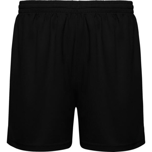 A pair of black sports shorts with an elastic waistband and a simple design, featuring a logo.