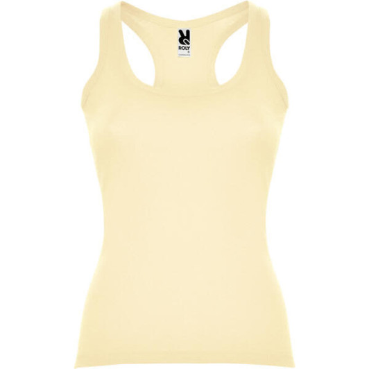 A yellow tank top with a scoop neckline and wide straps, featuring a logo at the top.