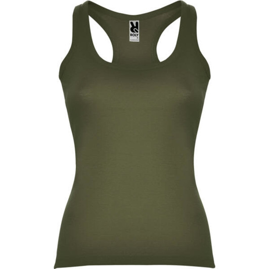 An olive green tank top with a scoop neckline and a logo on the label.