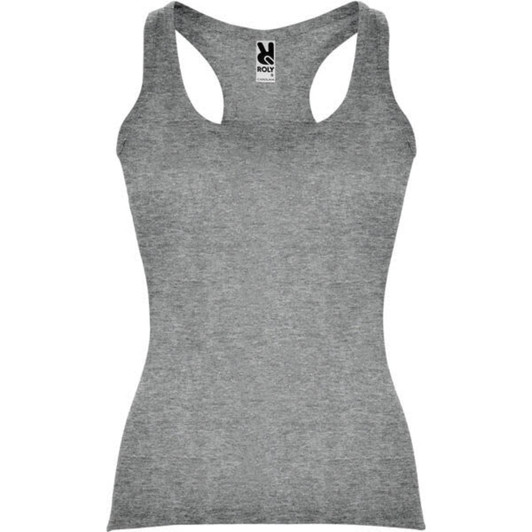 A grey tank top featuring a fitted design and a branding logo on the neckline.
