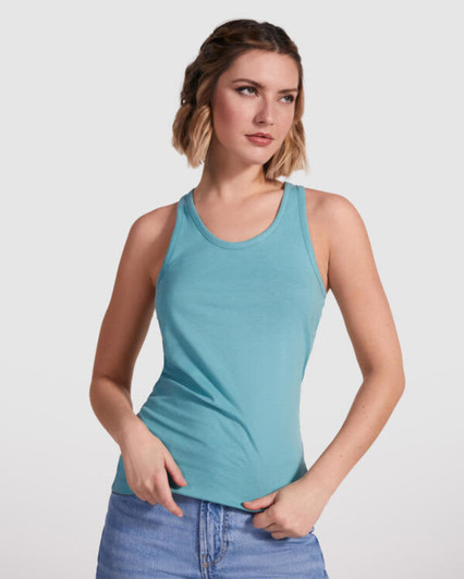 A turquoise tank top featuring a fitted design, displayed on a model with light hair. It has a logo on it.