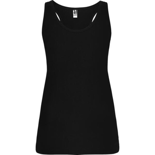 A black tank top with a scoop neckline and a logo at the top. The fabric appears soft and slightly stretchy.