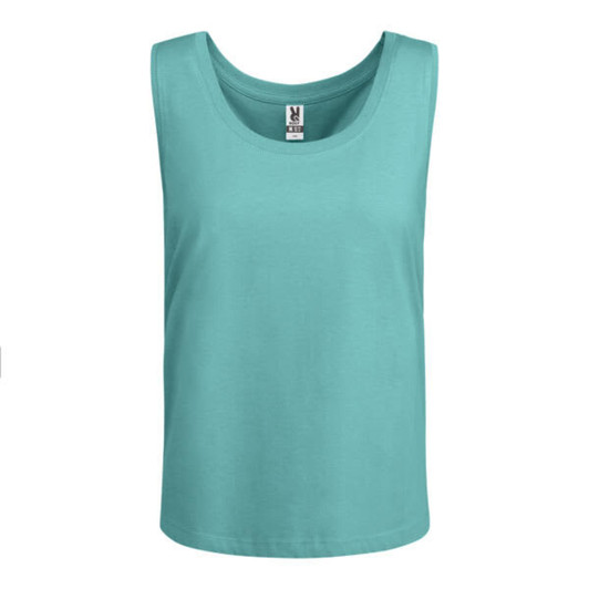 A teal tank top with a rounded neckline and a logo tag inside the collar.