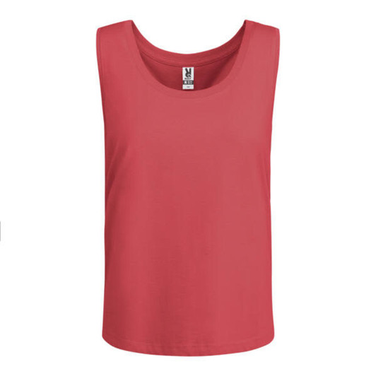 A coral tank top with a round neckline and a label inside, featuring a logo. Suitable as a singlet.