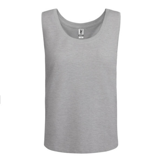 A grey Nara tank top featuring a round neckline and a logo tag.