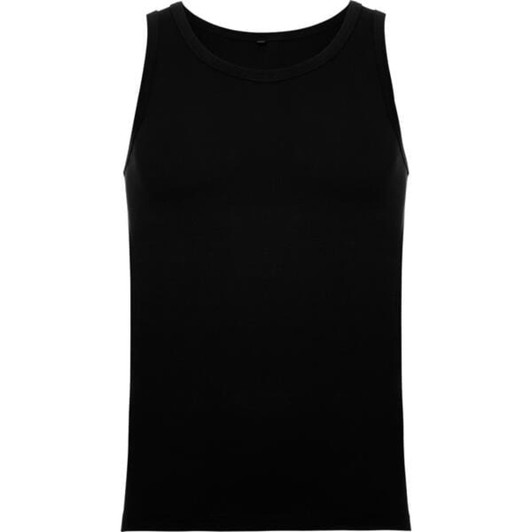 A black tank top with a classic sleeveless design. It features a simple construction and has a logo.