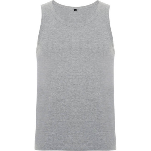 A grey tank top with a simple design and a small logo on the label.