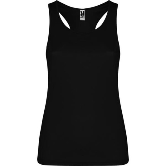 A black tank top with cut-out shoulder details and a logo. Suitable for casual wear or active use.