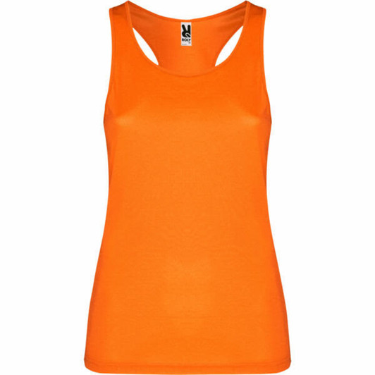 An orange tank top with a sporty cut and a logo at the neckline. Ideal for casual wear or exercise.