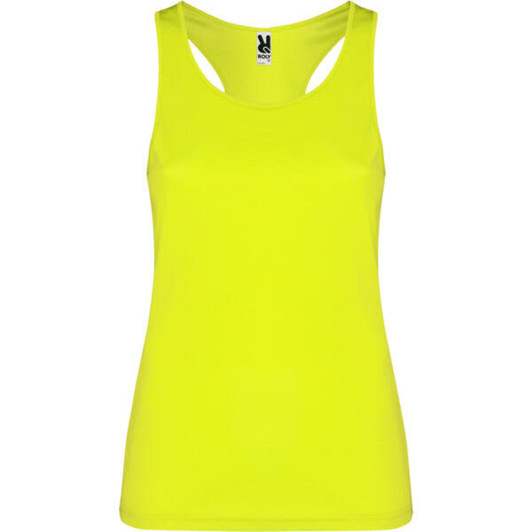 A bright yellow tank top with a sporty design and a logo on the neckline.