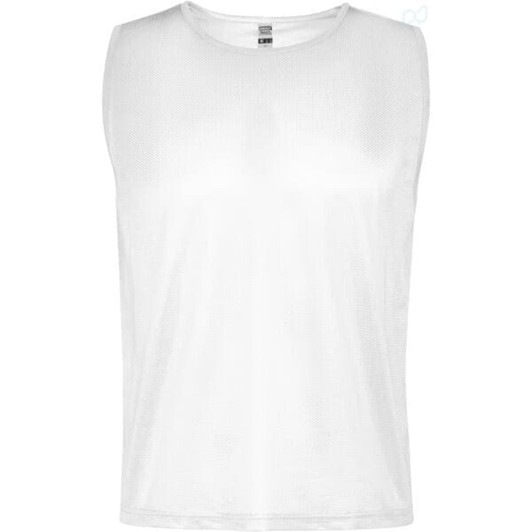 A white sleeveless bib featuring a breathable fabric and a label inside. It has a logo on the side.