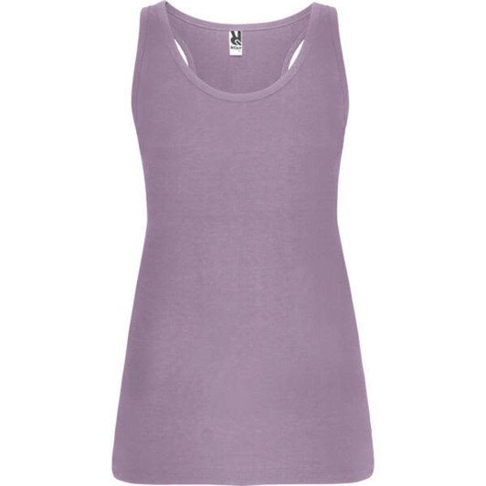 A lilac tank top with a scoop neck and a fitted design, featuring a small logo.
