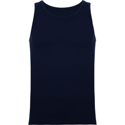 A navy blue singlet tank top with a round neckline and a minimalist design. It features a logo on the back.