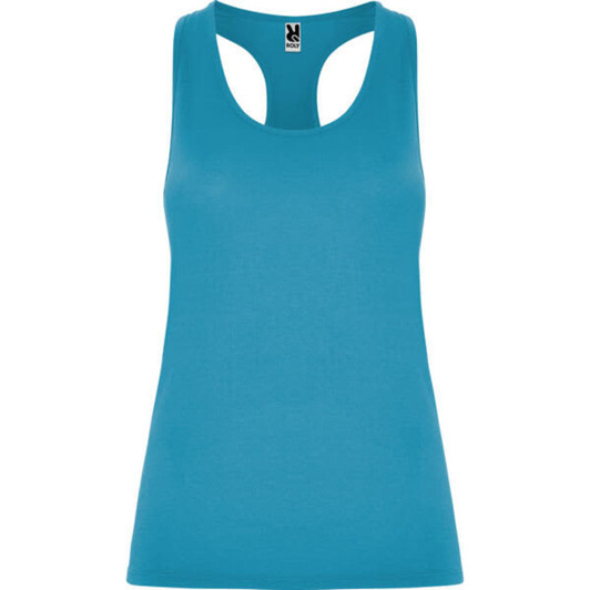 Aida Tank Top in vibrant turquoise blue with a racerback design and a logo. Ideal for active wear.