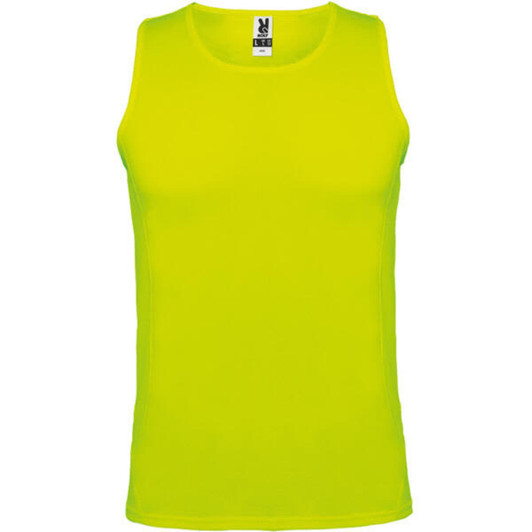 A bright yellow singlet tank top featuring a logo at the neckline.