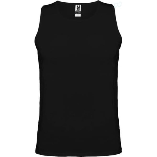 A black tank top with a round neckline and a logo on the label. It features no sleeves and a fitted design.