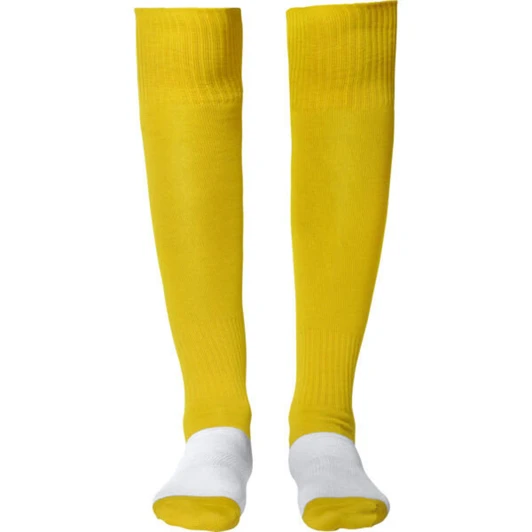 Yellow soccer sport socks with white foot sections, featuring a logo on the upper part.
