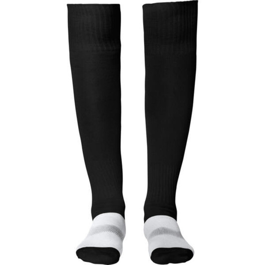 Sports socks in black with white at the foot. The design features a fitted and long style. Includes a logo.