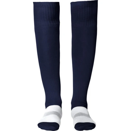 Navy blue soccer sport socks with white detailing at the cuffs and toes, featuring a logo on one sock.