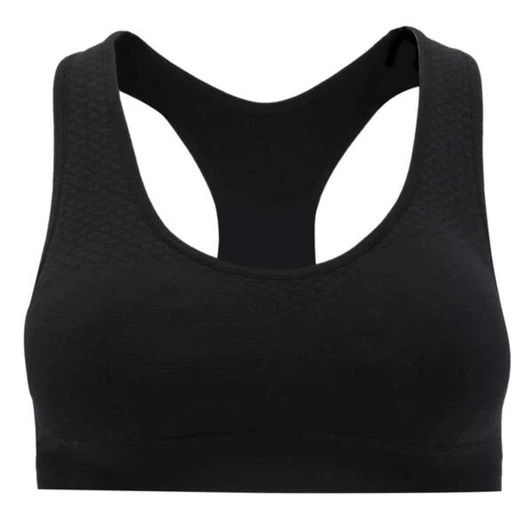 A black cropped tank top with a racerback design and textured detailing, featuring a logo.